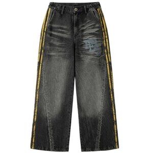 SUPERMADE Distressed Side Stripe Chain Patchwork Wide Straight Jeans Black L NWT